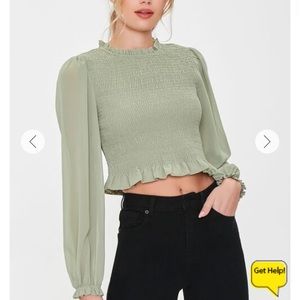 Forever 21 Smocked Ruffled Long Sleeve Top Sage Green